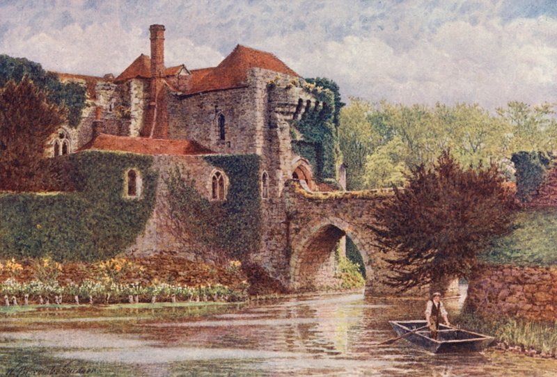 Stara brama i most, zamek Leeds (kolorowa litografia) autorstwa William Biscombe Gardner