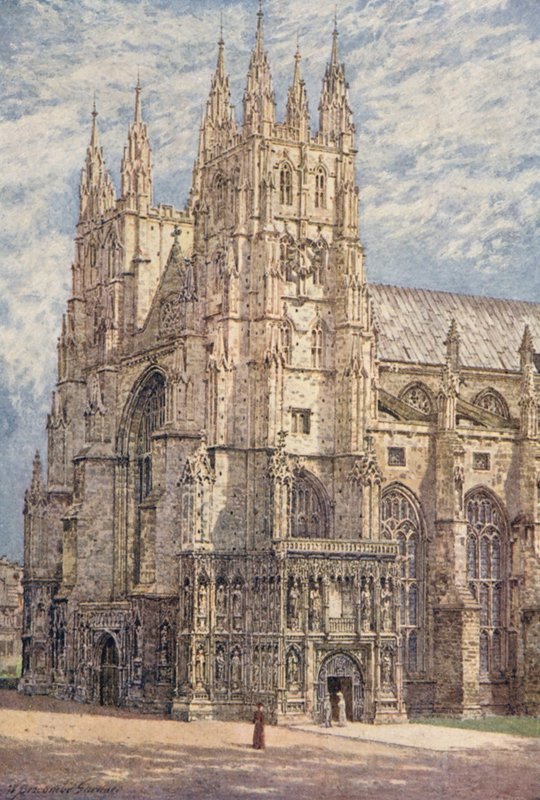 Zachodnie wieże i południowo-zachodnie wejście do katedry w Canterbury (kolorowa litografia) autorstwa William Biscombe Gardner