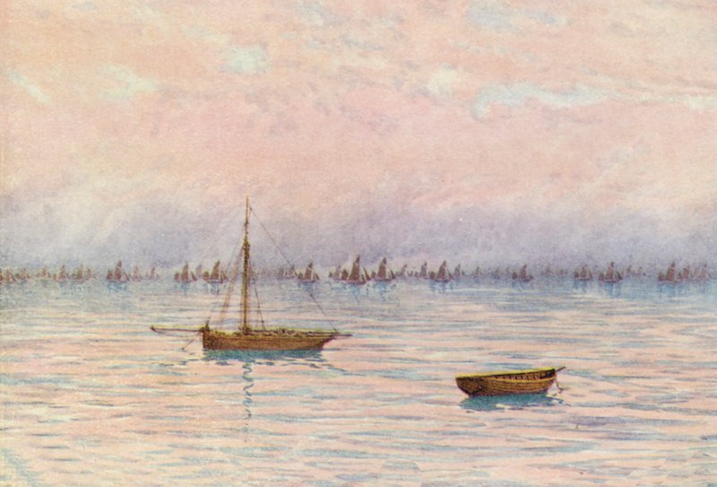 Whitstable Oyster Fleet pogłębiająca zatokę Herne Bay (kolorowa litografia) autorstwa William Biscombe Gardner