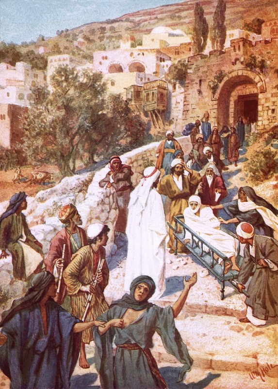 Jezus wskrzesza młodzieńca z martwych w mieście zwanym Nain autorstwa William Brassey Hole