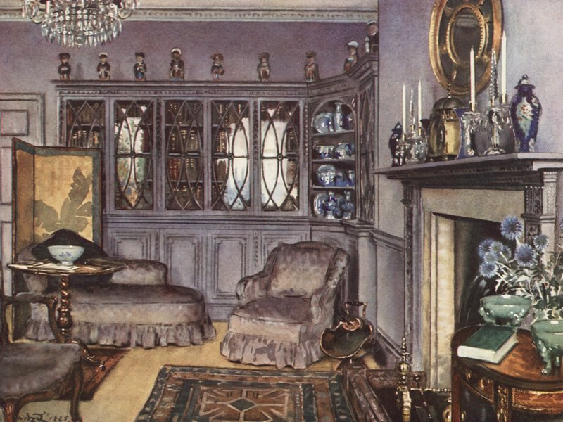 Dekoracja wnętrz: Salon w kolorze fioletowo-szarym (litografia barwna) autorstwa William Bruce Ellis Ranken