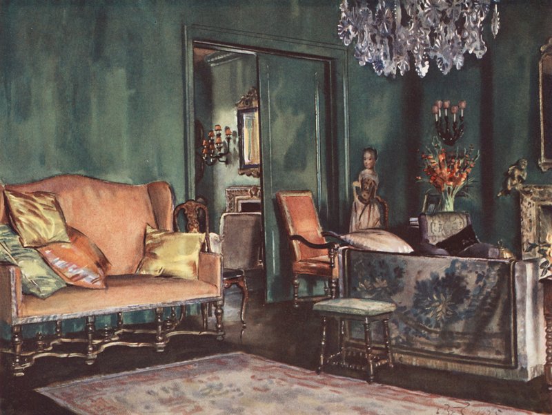 Dekoracja wnętrz: Salon z zielonymi ścianami (litografia barwna) autorstwa William Bruce Ellis Ranken