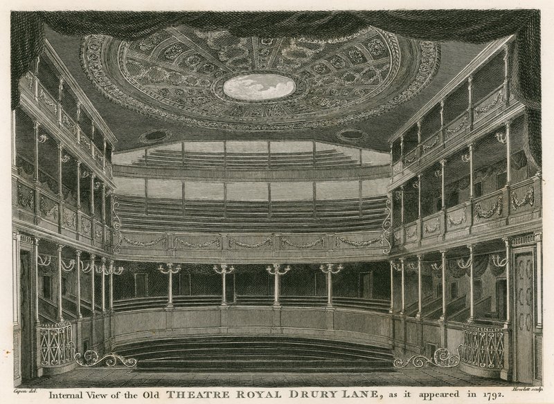 Wewnętrzny widok starego Theatre Royal, Drury Lane, Londyn, jak wyglądał w 1792 r. autorstwa William Capon