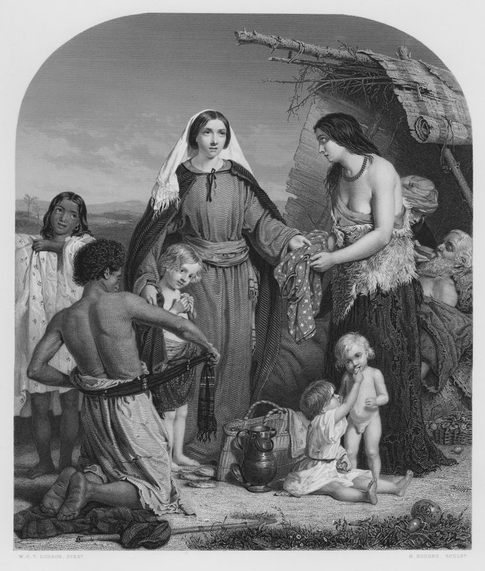 Jałmużna-Uczynki Dorcas, ze zdjęcia w Królewskiej Kolekcji (rycina) autorstwa William Charles Thomas (after) Dobson
