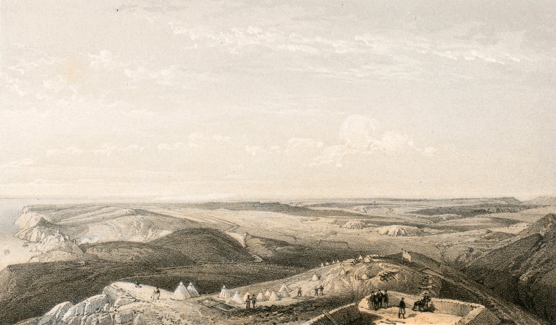 Widok z wysokości nad Bałakławą w kierunku Sewastopola autorstwa William Crimea Simpson