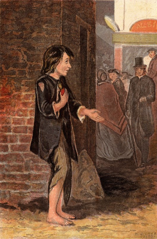 Dziecko błagające o pieniądze na chleb (chromolitho) autorstwa William Dickes