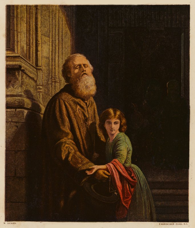 Ślepy żebrak (kolorowa litografia) autorstwa William Dickes