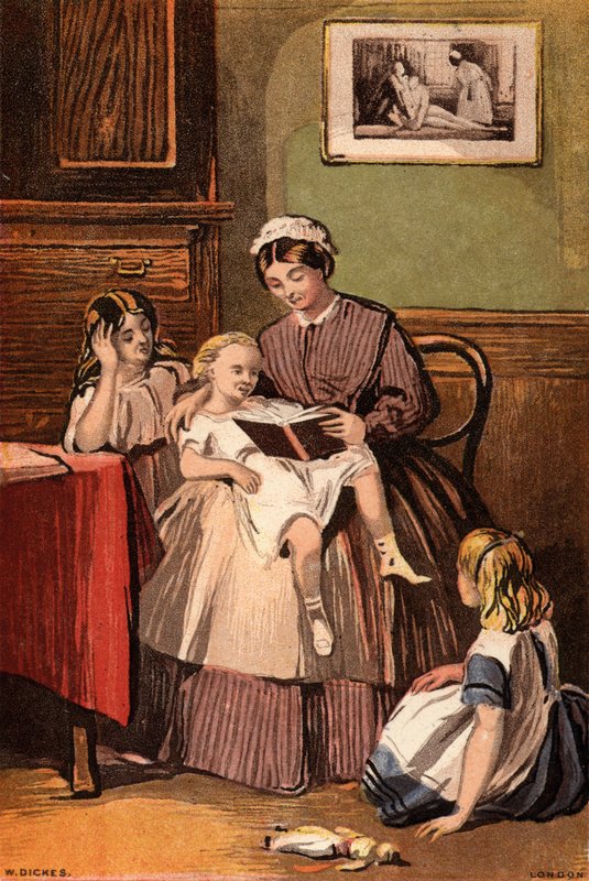 Miły sługa: pokojówka czytająca małym dzieciom (chromolitho) autorstwa William Dickes