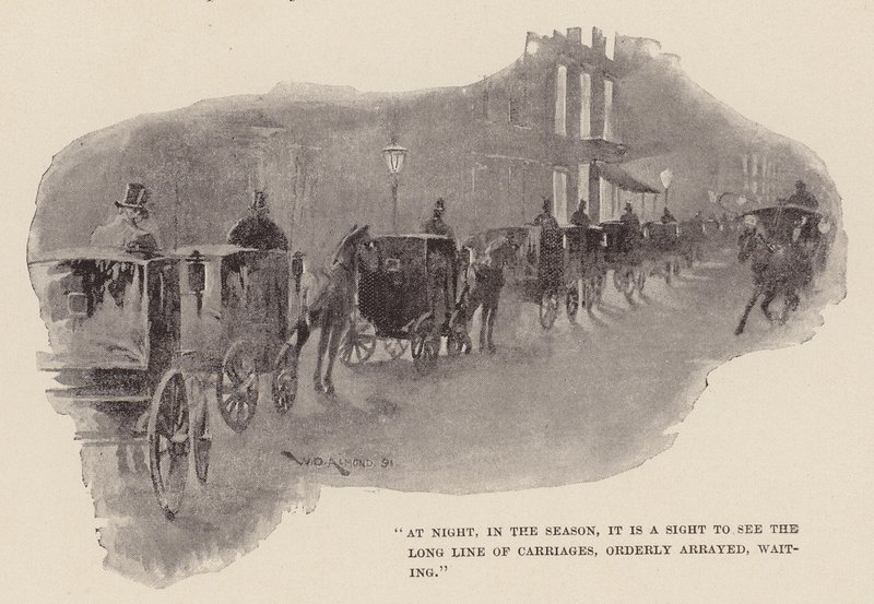 "W nocy, w sezonie, widok długiej linii powozów, uporządkowanych, czekających" (rycina). autorstwa William Douglas Almond