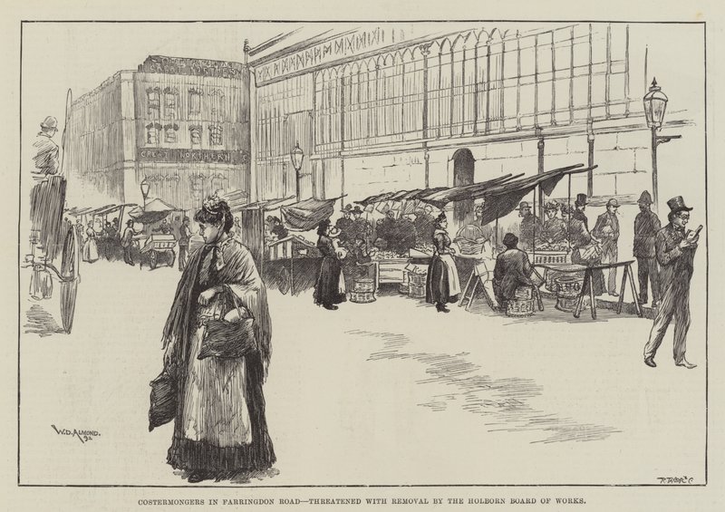 Costermongers na Farringdon Road, zagrożone usunięciem przez Holborn Board of Works autorstwa William Douglas Almond