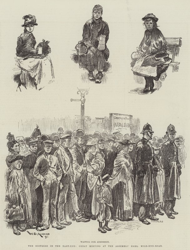 Cierpienie na East-Endzie, wielkie spotkanie w sali zgromadzeń, Mile-End-Road autorstwa William Douglas Almond
