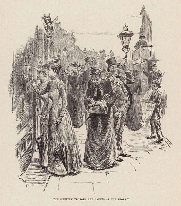 "Wiejscy goście gapią się na sklepy" (grawerunek) autorstwa William Douglas Almond