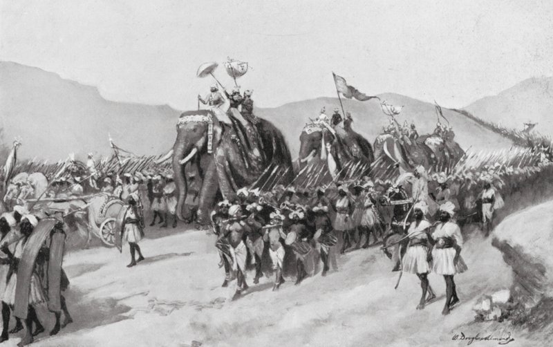 Vikramaditya Gupta wyrusza na wojnę, AD 395 (litografia) autorstwa William Douglas Almond