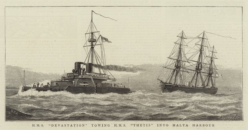 HMS Devastation holuje HMS Thetis do portu na Malcie autorstwa William Edward Atkins