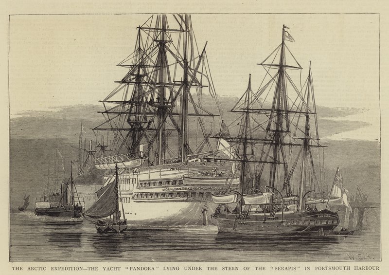 Ekspedycja Arktyczna, jacht Pandora leżący pod rufą Serapisa w porcie Portsmouth autorstwa William Edward Atkins