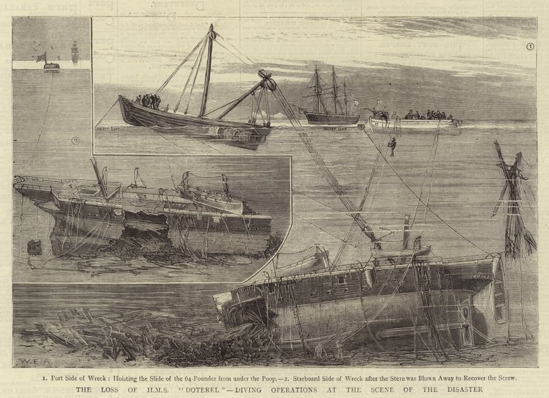 Utrata HMS Doterel, operacje nurkowe na miejscu katastrofy autorstwa William Edward Atkins