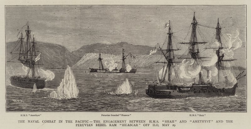 Walka morska na Pacyfiku, starcie pomiędzy HMS Shah i Amethyst a peruwiańskim rebeliantem Ram Huascar u wybrzeży Ilo, 29 maja autorstwa William Edward Atkins