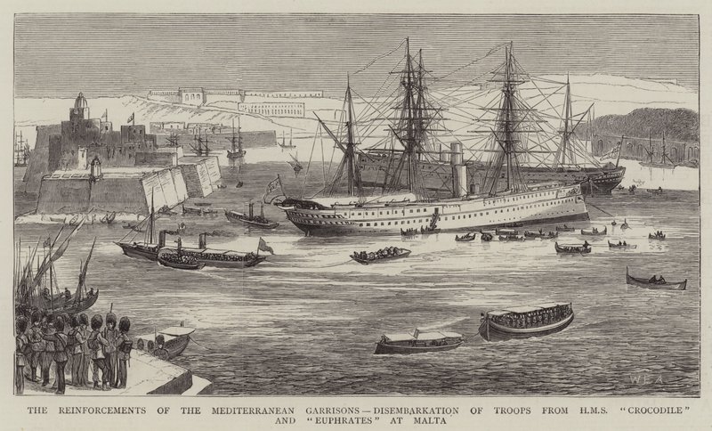 Wzmocnienia garnizonów śródziemnomorskich, wyokrętowanie wojsk z HMS Krokodyl i Eufrat na Malcie autorstwa William Edward Atkins