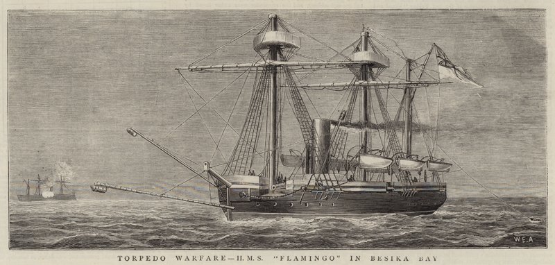 Torpedo Warfare, HMS Flamingo w zatoce Besika autorstwa William Edward Atkins