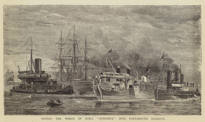 Holowanie wraku HMS Eurydice do portu Portsmouth autorstwa William Edward Atkins