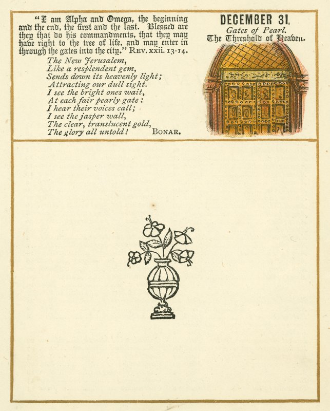 Strona z Księgi Jubileuszowej Godła Biblijnego (kolorowa litografia) autorstwa William Foster