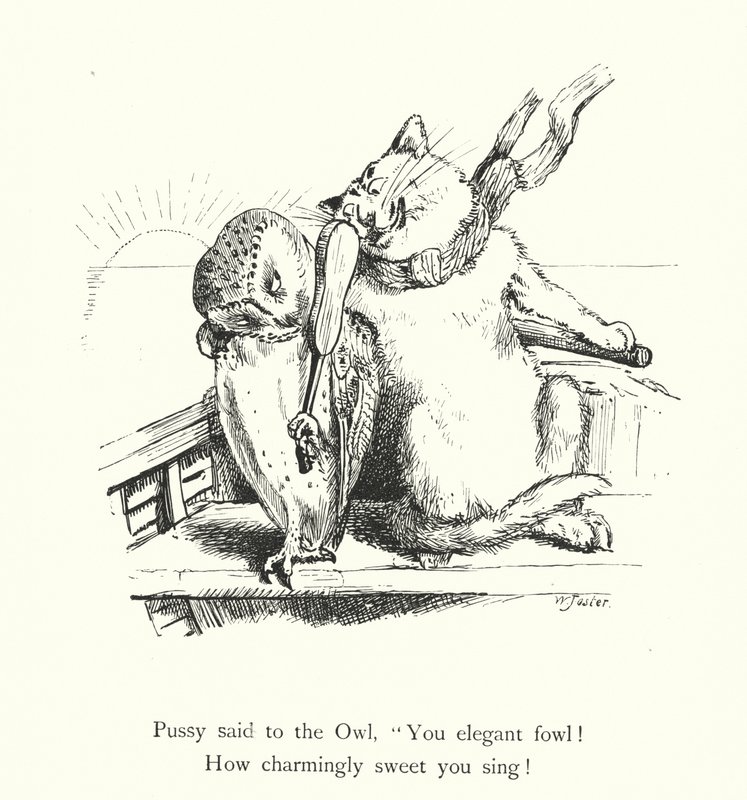 Sowa i kot Pussy (rycina) autorstwa William Foster