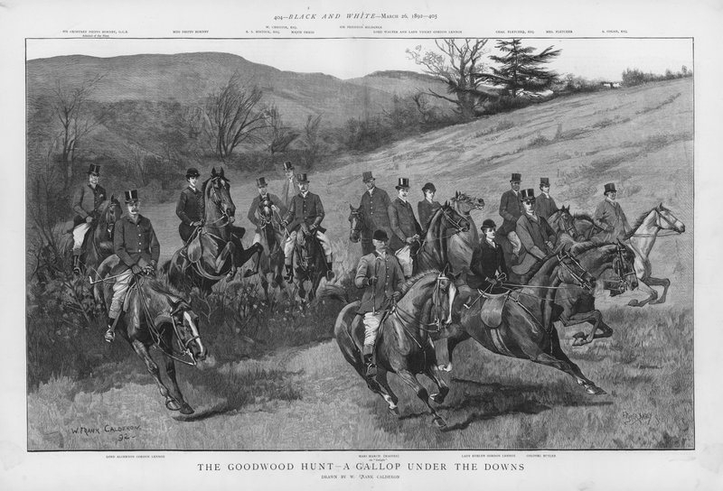 The Goodwood Hunt - galop pod Sussex Downs (lito) autorstwa William Frank Calderon