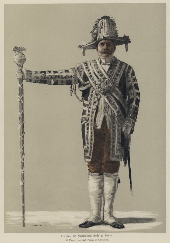 Królewski odźwierny w stroju galowym na uczcie na cesarskim dworze niemieckim w Berlinie (kolorowa grawerunek) autorstwa William Friedrich Georg Pape