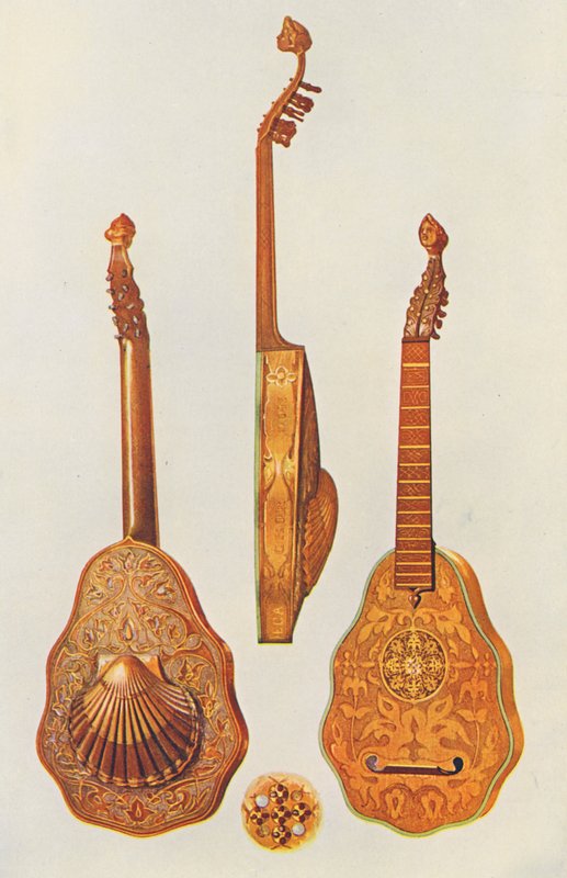 Instrumenty muzyczne: Lutnia królowej Elżbiety (kolorowa litografia) autorstwa William Gibb