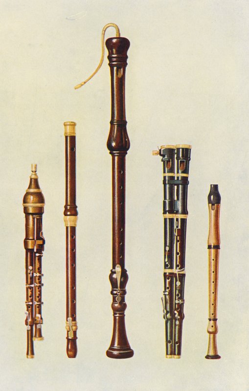 Instrumenty muzyczne: Dwa podwójne flażolety, flet niemiecki i dwa flety podwójne (litografia barwna) autorstwa William Gibb