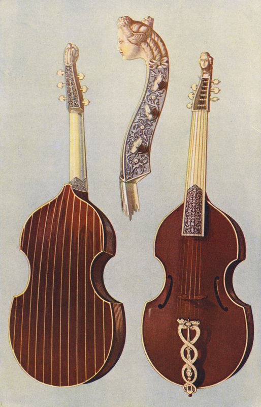 Instrumenty muzyczne: Viola da gamba (kolorowa litografia) autorstwa William Gibb