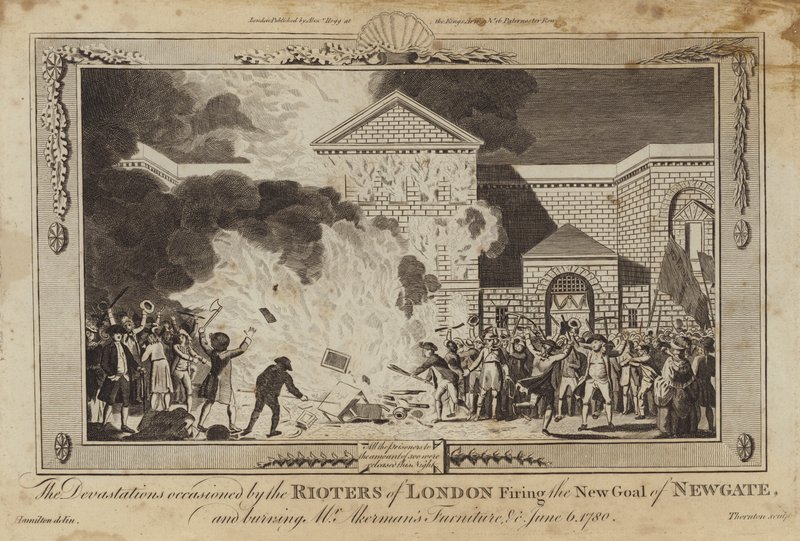 Zniszczenia spowodowane przez londyńskich zamieszek zwalniających nowe więzienie Newgate autorstwa William Hamilton