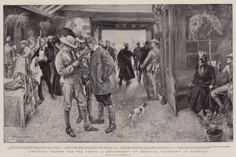 Oczekiwanie na rozkazy dla frontu, oddział Imperial Yeomanry w Norwich autorstwa William Hatherell