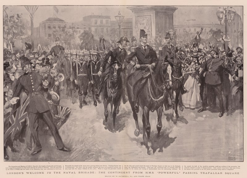 Powitanie Brygady Marynarki Wojennej w Londynie, kontyngent z HMS Powerful przechodzący przez Trafalgar Square autorstwa William Hatherell