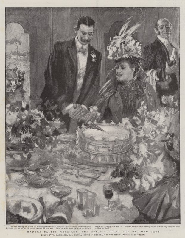 Małżeństwo Madame Patti, Panna Młoda kroi tort weselny autorstwa William Hatherell