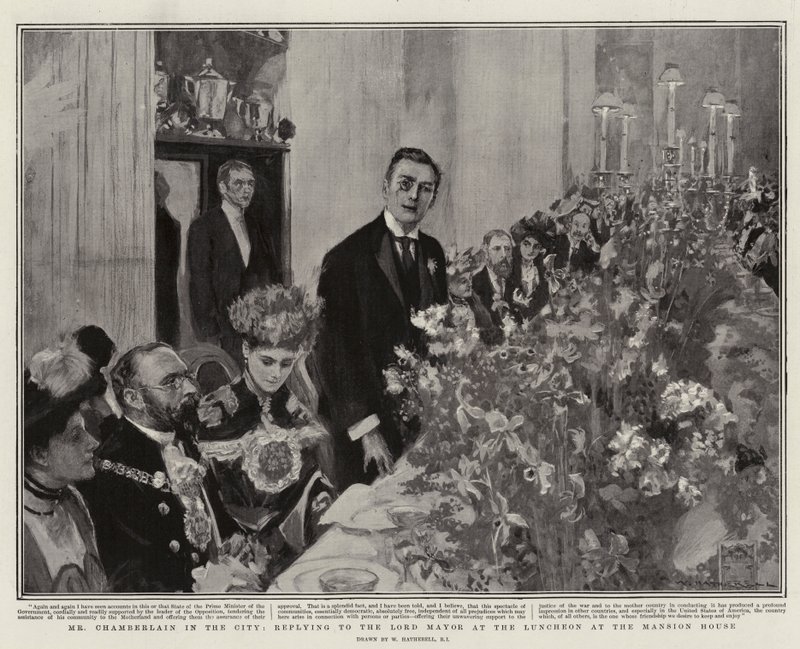 Pan Chamberlain w mieście, odpowiadając Lordowi Burmistrzowi na lunchu w Mansion House autorstwa William Hatherell
