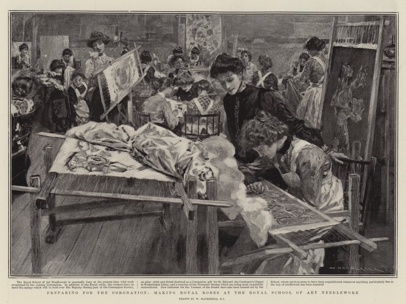 Przygotowania do koronacji, szycie Królewskich Szat w Królewskiej Szkole Rzemiosła Artystycznego autorstwa William Hatherell