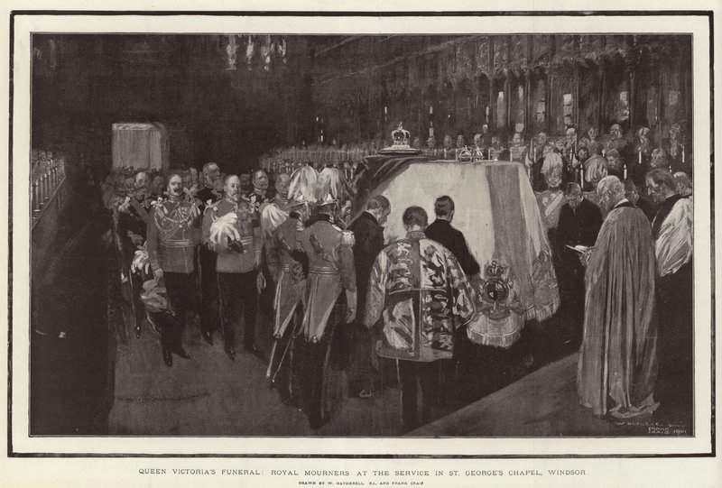 Pogrzeb królowej Wiktorii, królewscy żałobnicy na nabożeństwie w kaplicy św. Jerzego w Windsor autorstwa William Hatherell