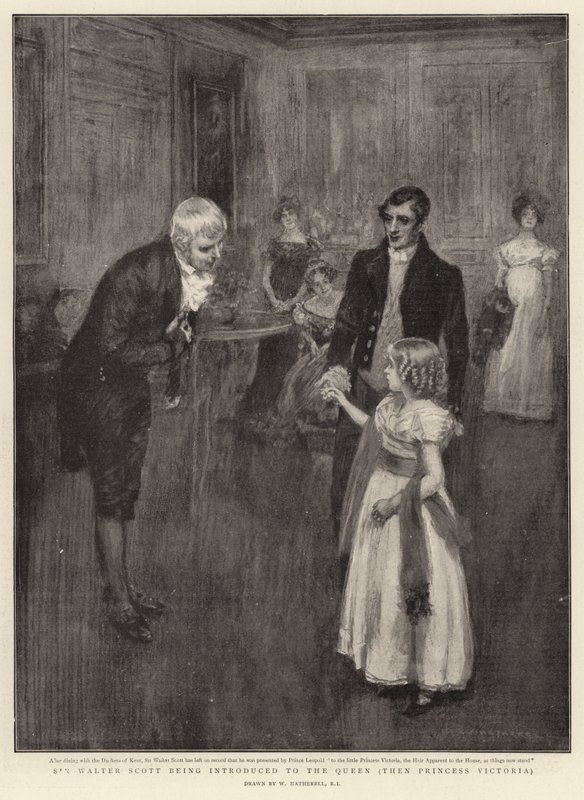 Sir Walter Scott zostaje przedstawiony królowej, a następnie księżniczce Wiktorii autorstwa William Hatherell