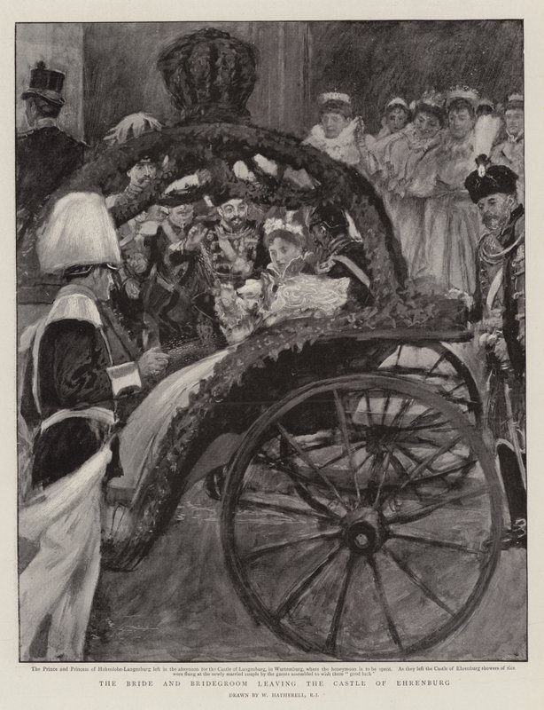 Panna Młoda i Pan Młody opuszczający zamek Ehrenburg autorstwa William Hatherell