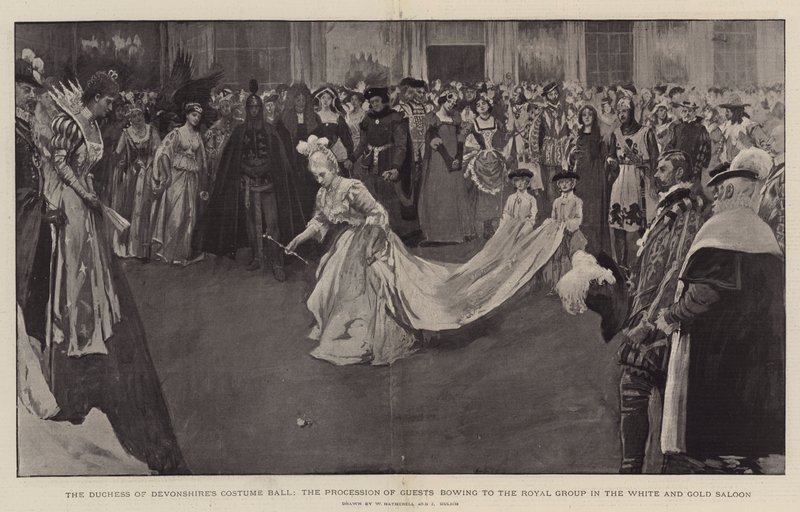 Bal kostiumowy księżnej Devonshire, procesja gości kłaniających się grupie królewskiej w salonie White and Gold, 1897 r. autorstwa William Hatherell