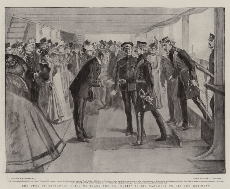 Książę Connaught wszedł na pokład SS Nubia, by pożegnać się z własnym pułkiem autorstwa William Hatherell