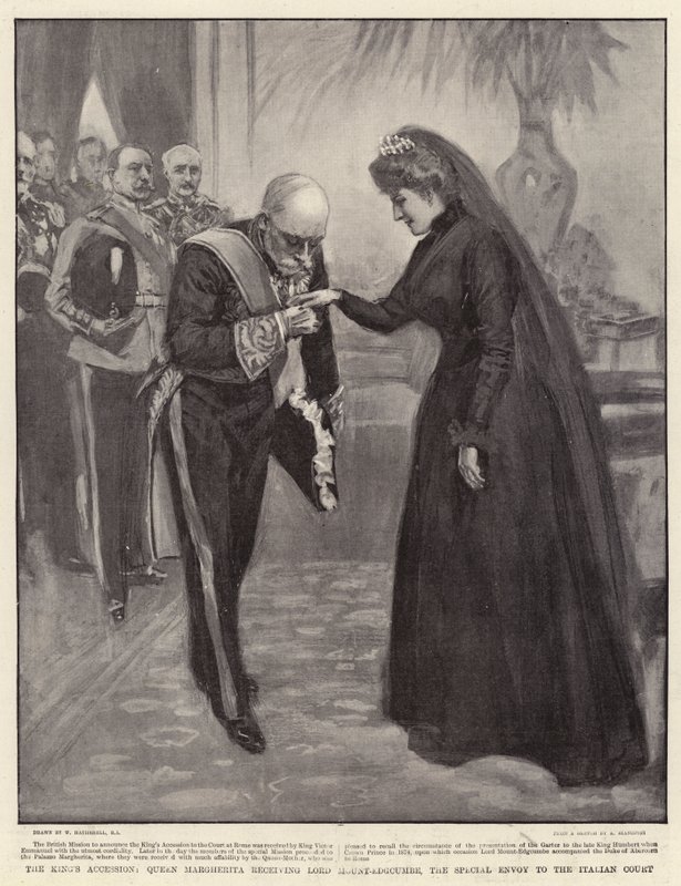 Wstąpienie króla, królowa Małgorzata odbiera Lorda Mount-Edgcumbe, specjalnego wysłannika na dwór włoski autorstwa William Hatherell