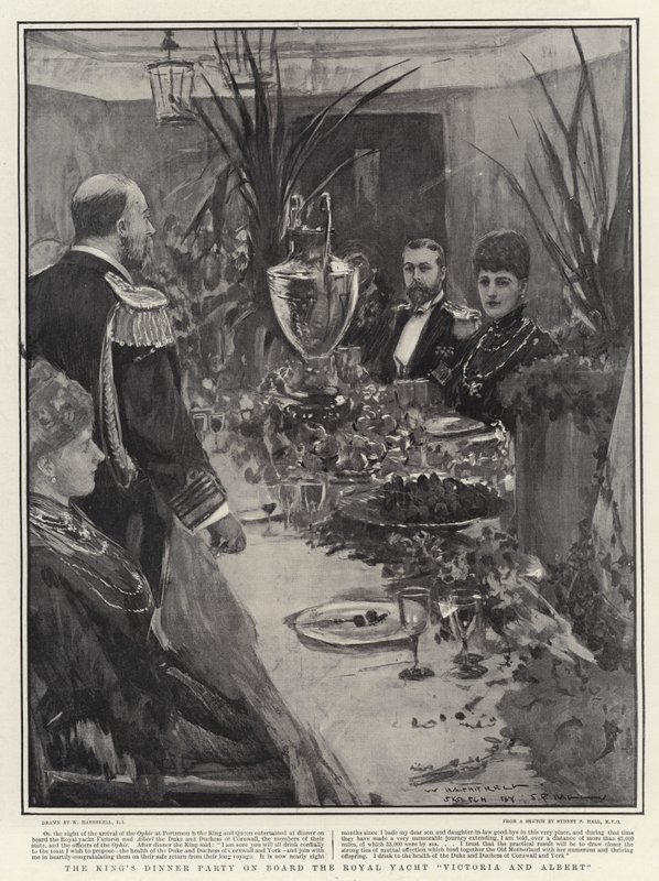 Uroczysta kolacja królewska na pokładzie królewskiego jachtu Victoria and Albert autorstwa William Hatherell