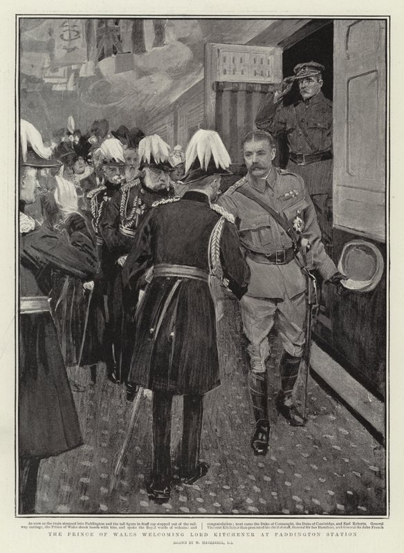 Książę Walii wita Lorda Kitchenera na stacji Paddington autorstwa William Hatherell