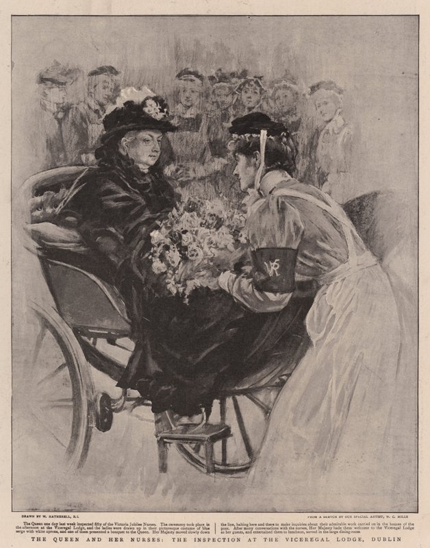 Królowa i jej pielęgniarki, inspekcja w Viceregal Lodge, Dublin autorstwa William Hatherell