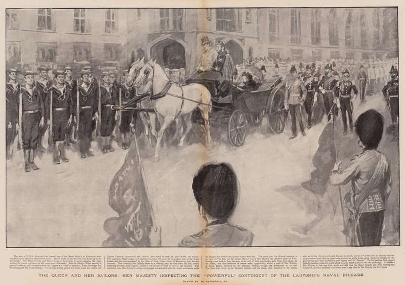 Królowa i jej marynarze, Jej Wysokość przeprowadza inspekcję Potężnego Kontyngentu Brygady Marynarki Ladysmith autorstwa William Hatherell