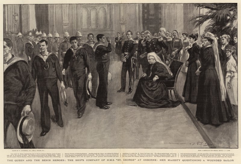 Królowa i Bohaterowie Beninu, Kompania Okrętowa H M S St George w Osborne, Jej Wysokość przesłuchuje rannego marynarza autorstwa William Hatherell