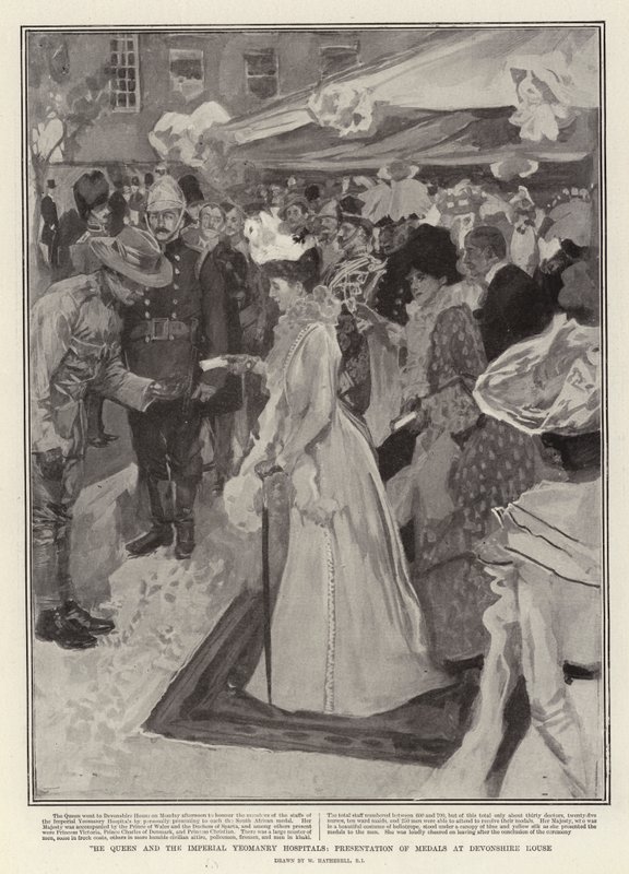 Szpitale Królowej i Cesarskiej Yeomanry, wręczenie medali w Devonshire House autorstwa William Hatherell