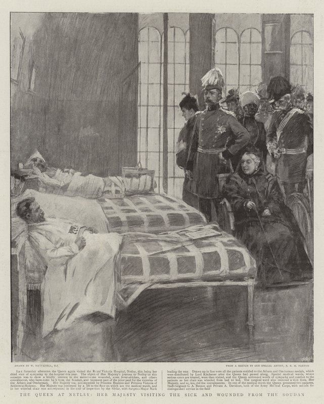 Królowa w Netley, Jej Wysokość odwiedza chorych i rannych z Sudanu autorstwa William Hatherell